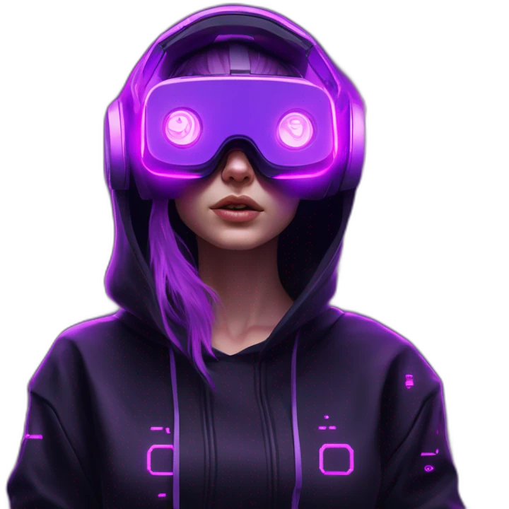Russian girl wearing black hoody with violet letters "OMG", in vr headset. Cyberpunk style. Violet neon. emoji