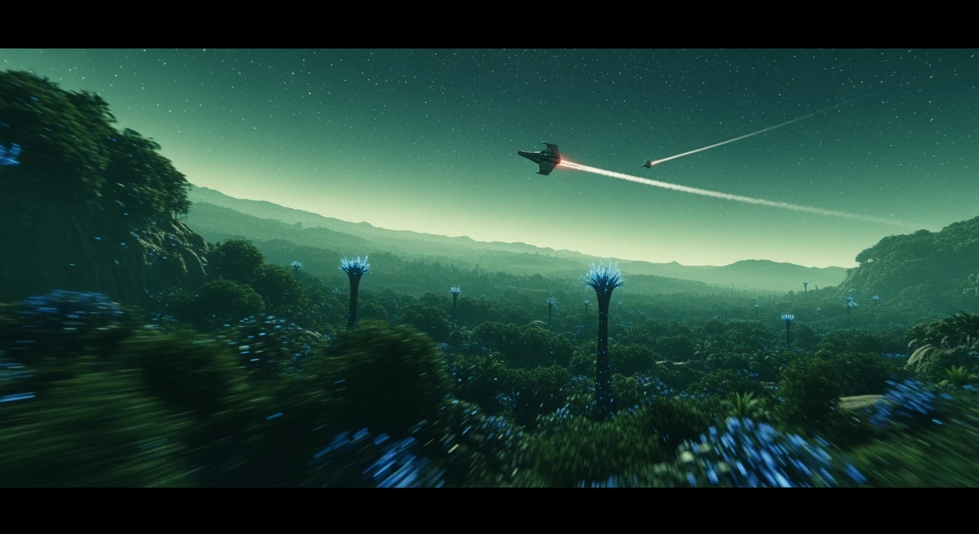 cinematic still, motion blur shutter speed, establishing shot, green planet, inspired by StarWars movie, captured by arri alexa  emoji