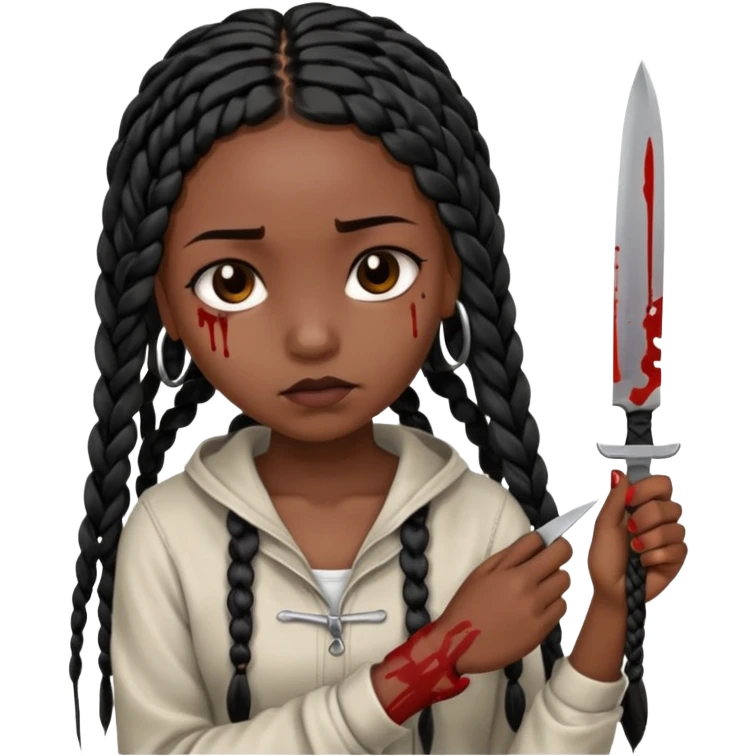 black girl with long black box braids cutting her wrists with a small blade and bleeding from it, her expression peaceful but sad emoji