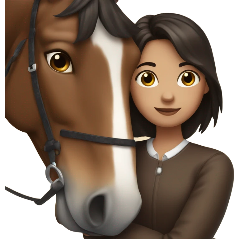 Girl with dark brown hair hugging brown horse with white spots  emoji
