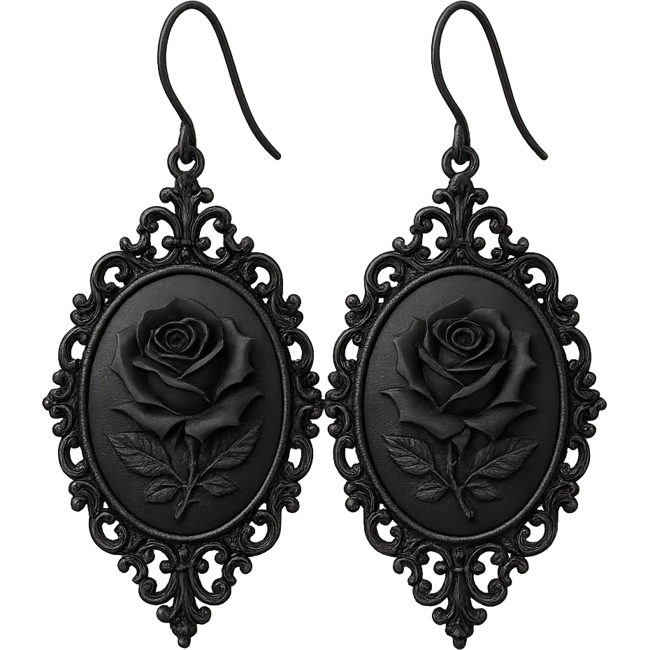 goth earrings, black rose cameo, victorian gothic style, ornate frame, detailed, elegant emoji