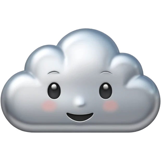 A cute cloud emoji made of silver chrome, smooth rounded shape, glossy metallic surface, soft reflections, minimal and friendly design, iOS emoji style, centered, clean white background, soft lighting emoji