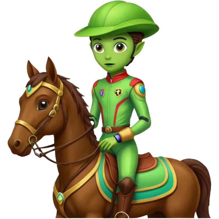 alien riding horse wearing racing cloth emoji