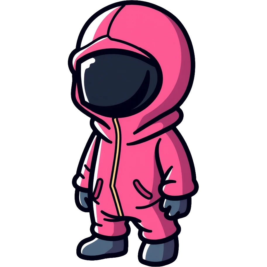 Squid Game guard with pink jumpsuit and black geometric mask emoji