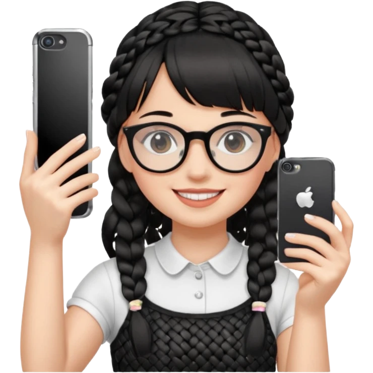 She's wearing black braided, full bangs and glasses and taking a mirror selfie with a white iPhone emoji