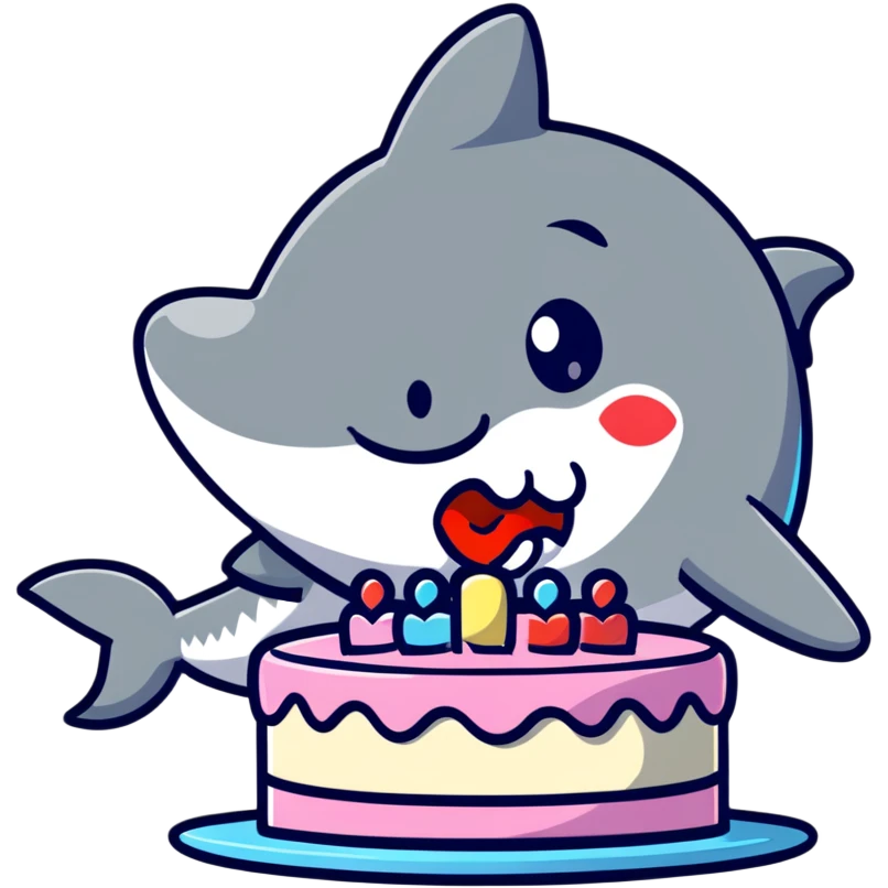 cartoon shark with lips puckered, directly kissing a frosted birthday cake emoji