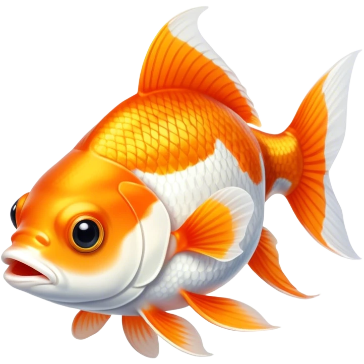 Cinematic Noble Orange and White Goldfish Portrait Emoji, Poised and regal, with a sleek, streamlined build and a vibrant body featuring a harmonious blend of orange and white hues, deep-set soulful golden eyes, Simplified yet sharp and sophisticated features, highly detailed, glowing with a soft, dignified glow, high shine, intelligent and graceful, stylized with an air of aquatic artistry, focused and attentive, soft glowing outline, capturing the essence of a watchful and confident aquatic companion, so majestic it feels as though it could glide out of the screen with effortless authority! emoji