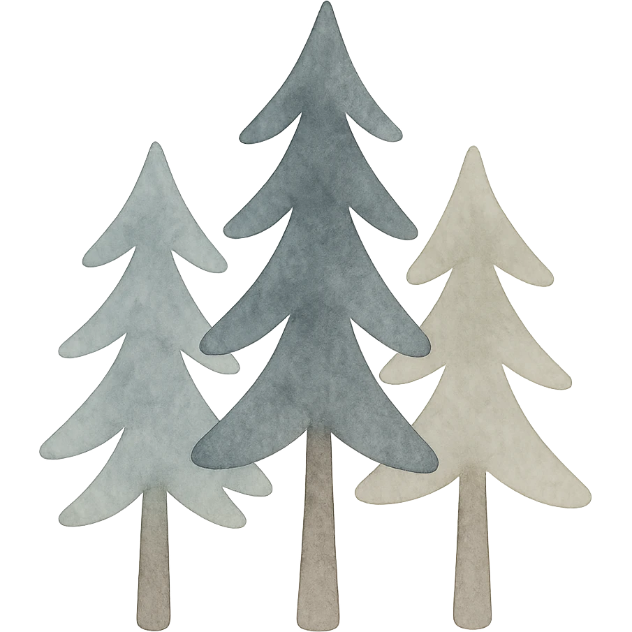 logo style illustration of evergreen trees in Scandinavian folk art style, dark neutral color tones, watercolor texture, transparent background, suitable for favicon emoji