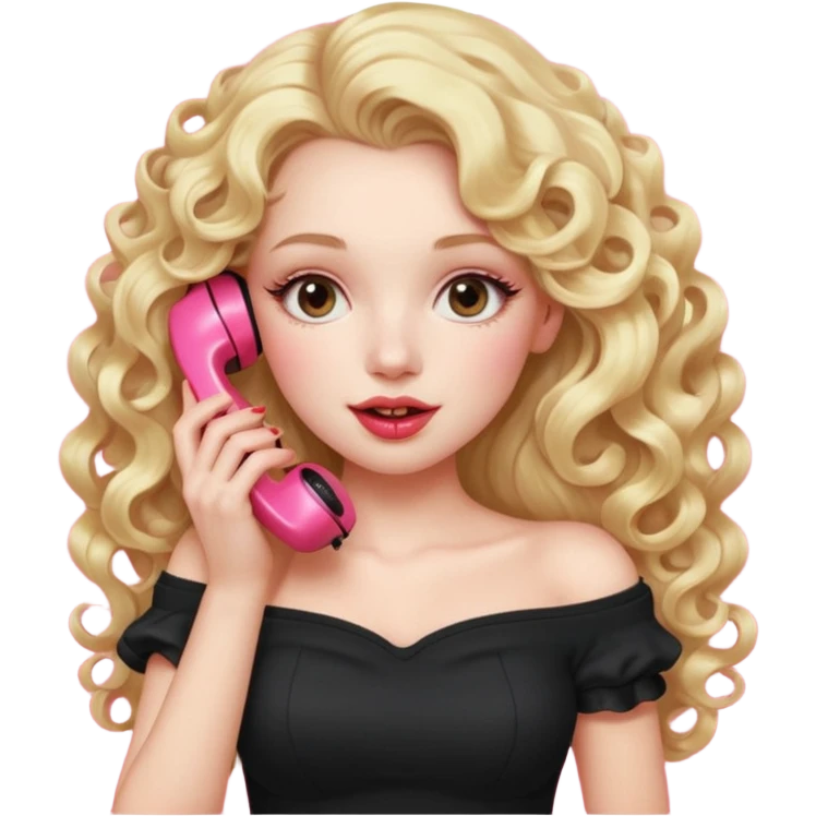 exaggerated features of woman with curly long blond hair, gossiping on a pink analogue phone, holding a tea cup, wearing an off-shoulder black top, red face emoji