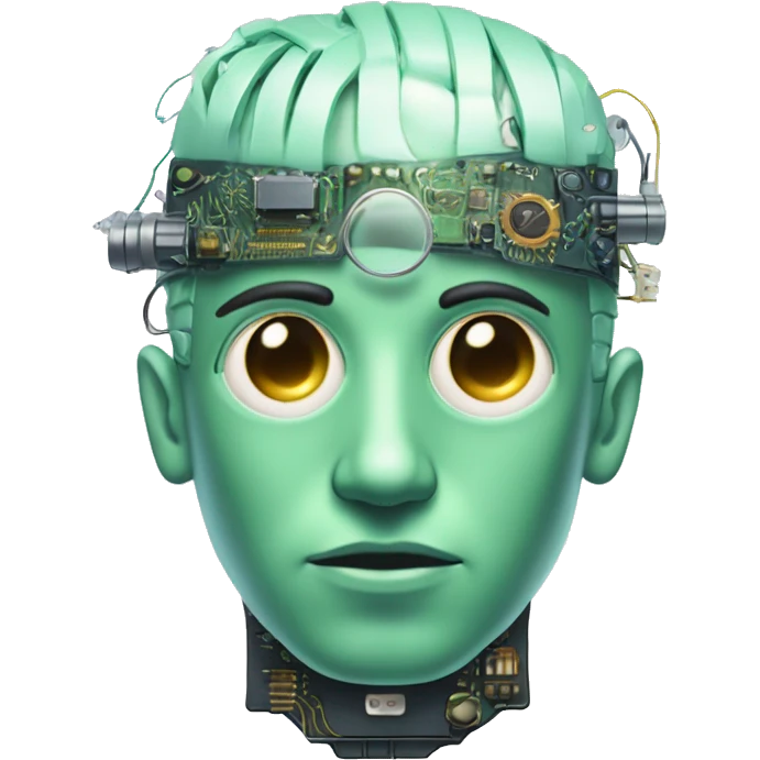Pastel green haired male cyborg head with monocle and circuitry emoji
