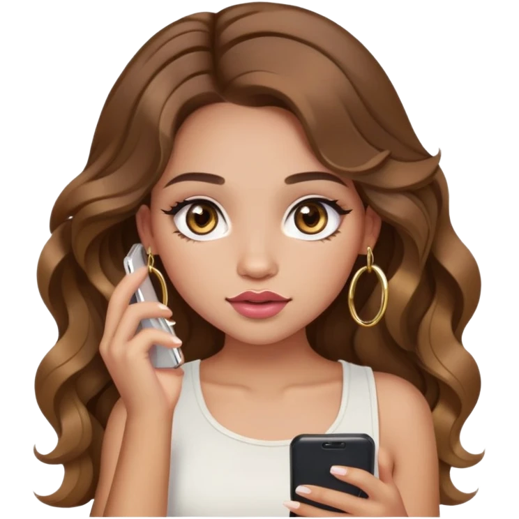 Light skinned girl, long wavy brown hair center-part with face framing pieces, big hazel eyes, gold hoops, white tank, prominent blush, sassy, big lips, makeup, holding phone emoji
