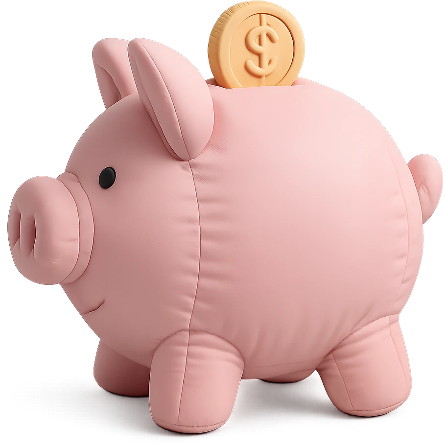 Side profile view of a pink piggy bank with a coin, 3d cartoon style, soft pastel colors, no background, gentle and muted color palette. emoji