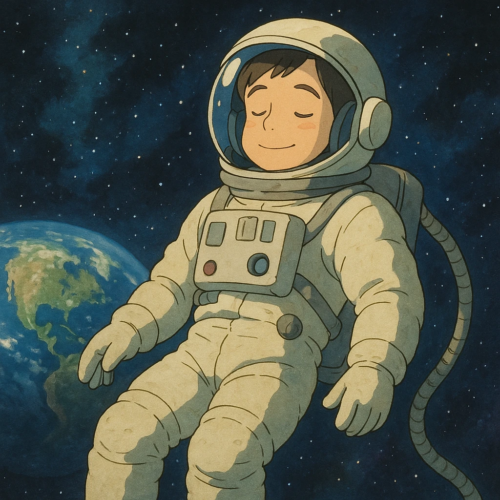 A dreamlike scene of an astronaut floating in space, with Earth visible in the background. The astronaut appears to be at peace, with a soft smile on their face. emoji