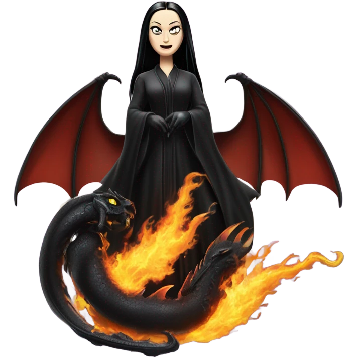  beautifully dressed teen Morticia Addams Jedi riding on the back of a very large black shiny evil-looking fire-spewing dragon. proper scale emoji