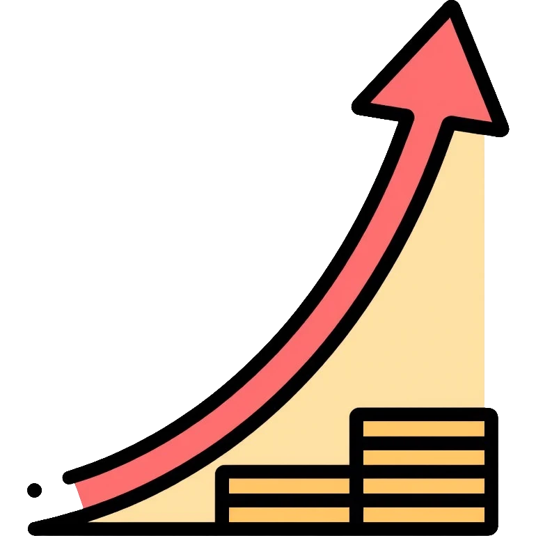 upward arrow beside a small stack of gold coins, beauty business financial growth symbol emoji