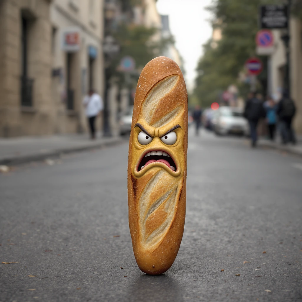 Angry baguette on the street cinematic shot emoji