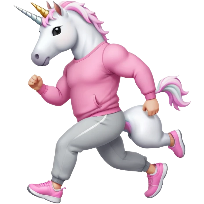 friendly anthropomorphised male white unicorn with a fit, chunky, muscular and strong physique, white arms and legs, wearing grey tracksuit pants and pink jumper, sunglasses, walking quickly emoji