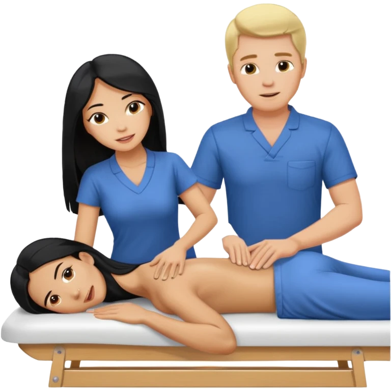 Philippines woman with long hair is on massage table. a blond white man is massaging her emoji