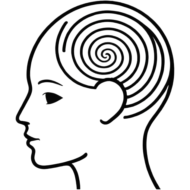 Minimalistic flat vector icon, iOS style, thin black contour on white background. Human head silhouette with spiral inside. Clean, no text, no shadows.
 emoji