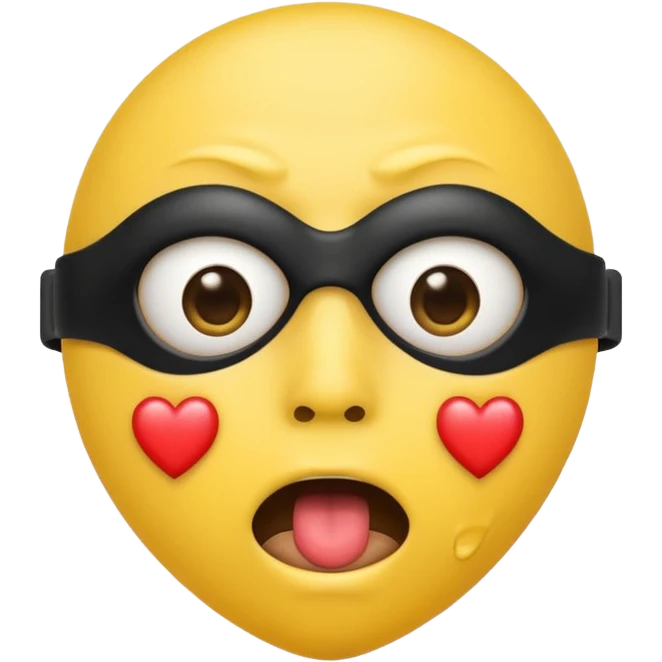 Yellow face emoji with black ball gag in mouth, sweating down face and hearts in eyes emoji
