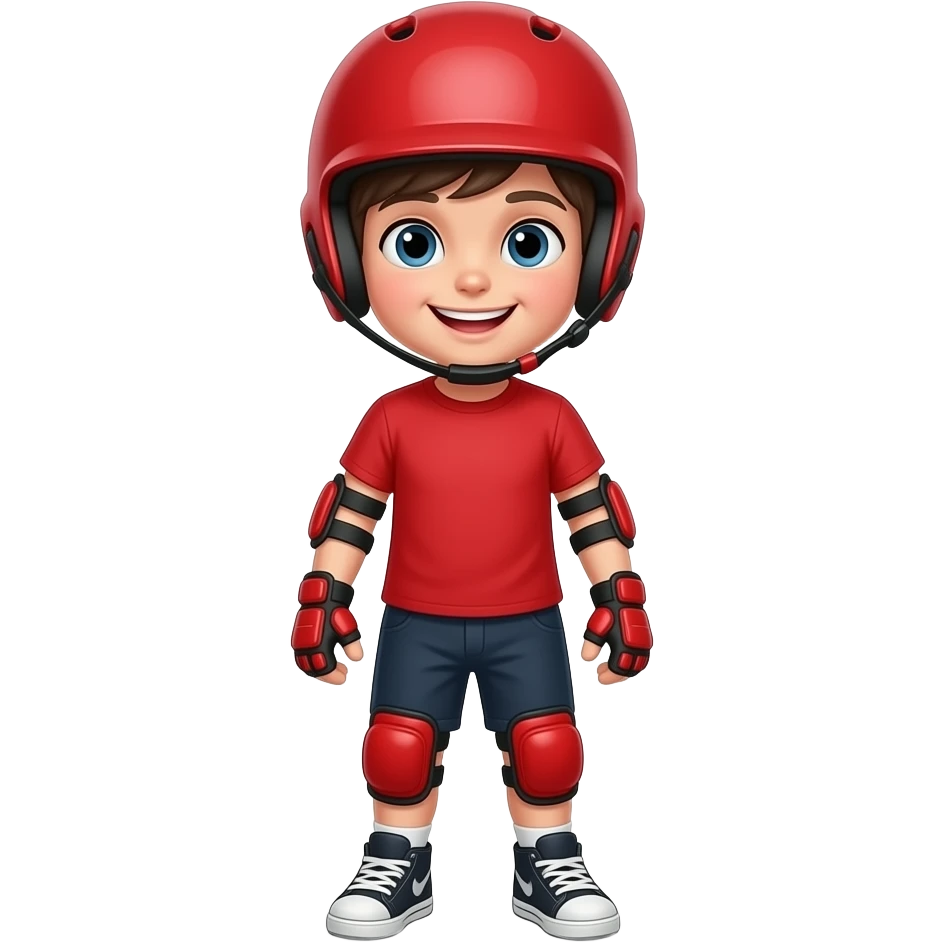 Child standing upright, wearing red elbow pads and knee pads, red helmet, ready-to-play expression, front-facing pose. emoji