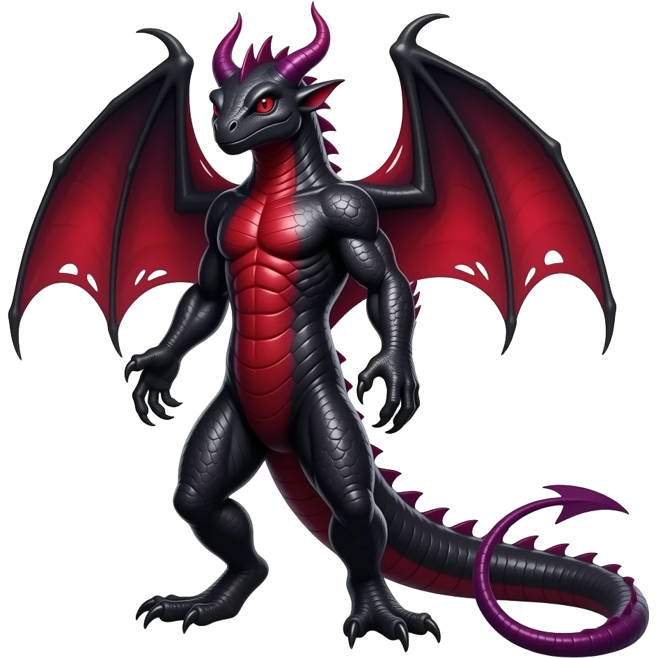 Obsidian-black and Ruby-red And Violet-purple lanky elegant evil badass handsome slick oily lizard-Salandit-demonic-reptilian-Draco emoji