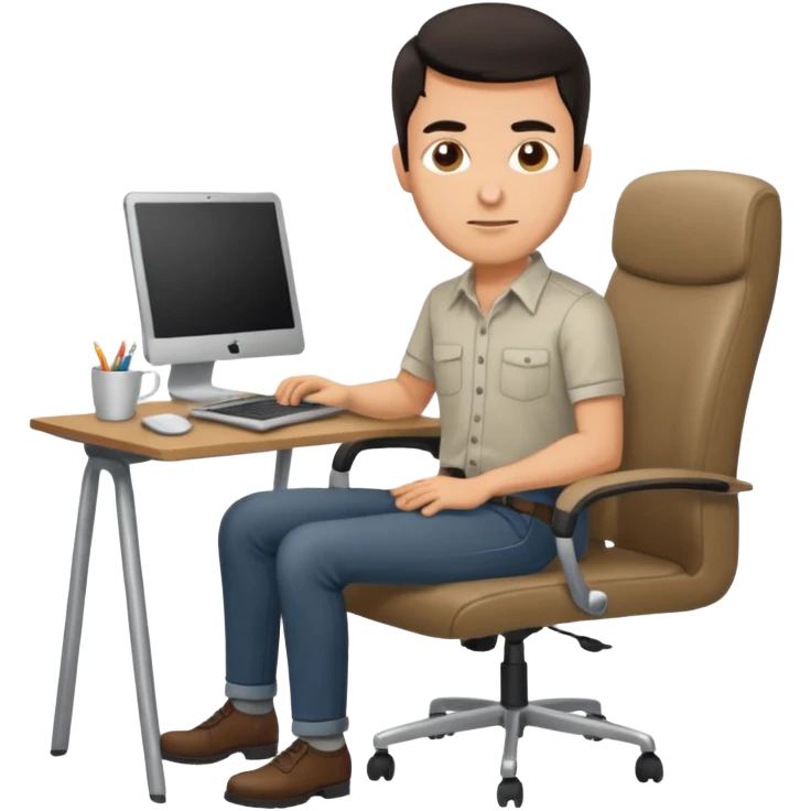 Rich man sitting on a chair, working at desk with laptop in office, in shirt, dark hair, he is german very beautiful looks like, full body view emoji