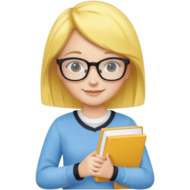 A smart and cute girl with yellow bobbed hair, wearing sky blue clothes,
I hold a book in one arm. There is a pen in the book.
He is wearing black-rimmed glasses and smiling brightly. emoji