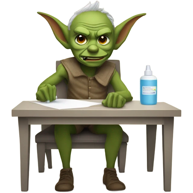 goblin at desk with a bottle of lotion and tissue box on it emoji
