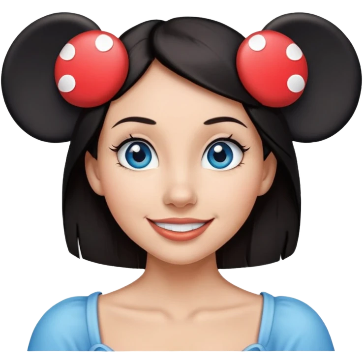 Blue eyes Dark straight hair woman happy wearing Mickey Mouse ears from Disney world  emoji