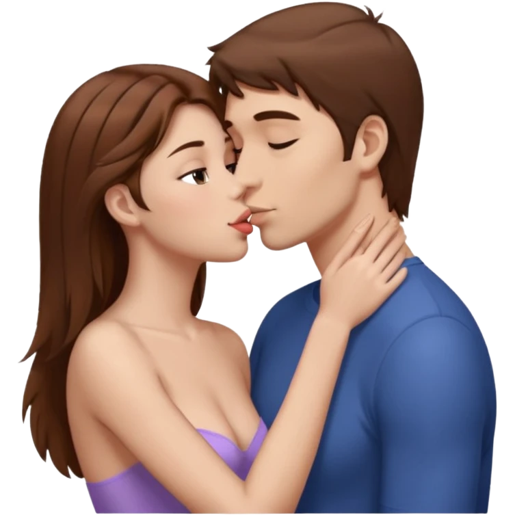 A naked girl with brown hair and bare small breasts openly kisses a tall guy with brown hair full-length on the lips. she is with naked boobs emoji