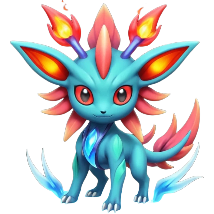 Futuristic volcanic elemental badass cool tough evil Suicune-Bayleaf-Celebi-Pokémon-Fakémon-hybrid-creature emoji