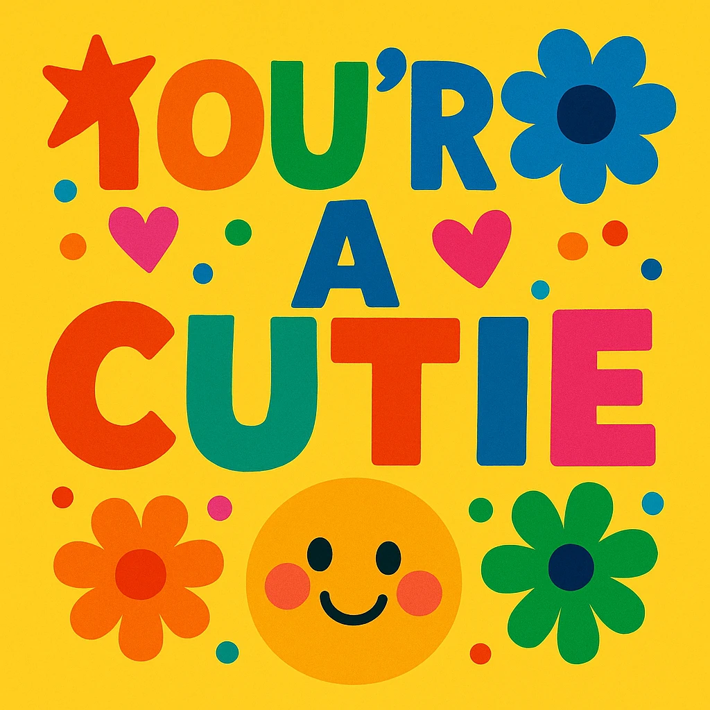 the words "you're a cutie" in rainbow colors, extra bold and playful font, vibrant and cheerful style emoji