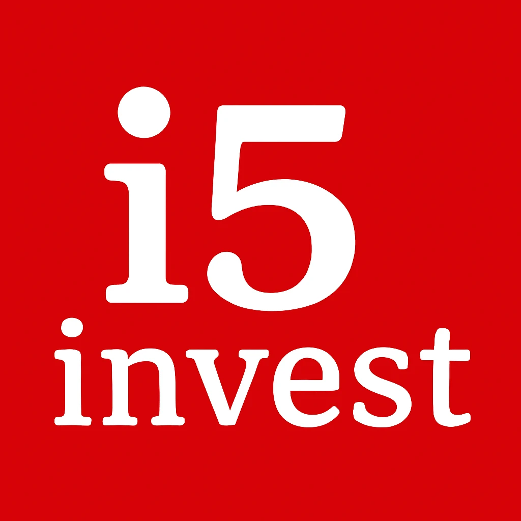 Create a simplified emoji version of the i5invest logo. Keep the red background and white 'i5 invest' text. The design should be clean, recognizable, and in a square format suitable for emoji use. emoji