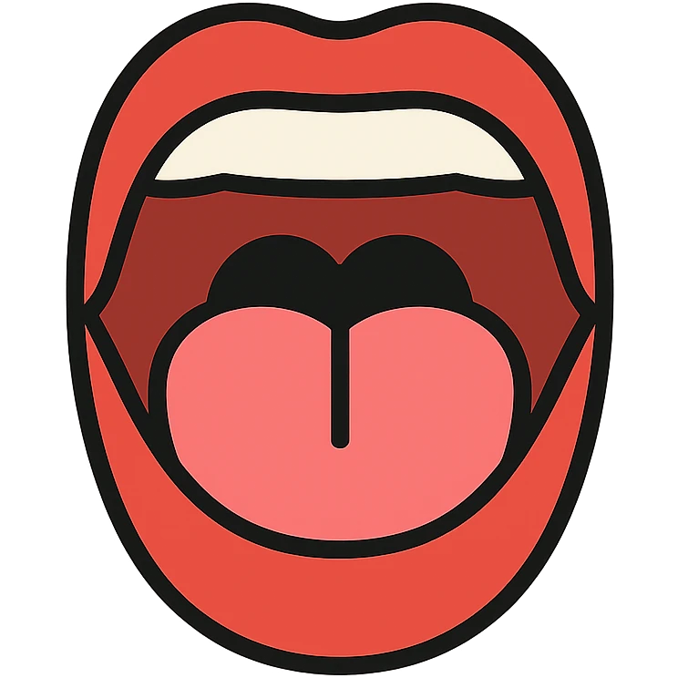 Schematic open mouth with visible tongue, symbolizing speech articulation and sound practice. Vector style, clean and sharp lines. Include realistic shadows and light reflections for depth. Minimalistic, educational design. Transparent background. High contrast between tongue, teeth, and lips for clarity. Flat illustration with soft shading, suitable for speech therapy materials emoji