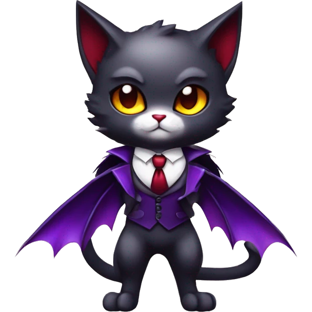 Cute-Evil-Vampiric-Batty-Cat-Black-Purple-Red-Yellow-Contrast-Colors-Fantasy-Fur-Sona-Chibi-Shiny-Fakémon-Hybrid with horns and big fangs neck bow white tie leg spats full body emoji
