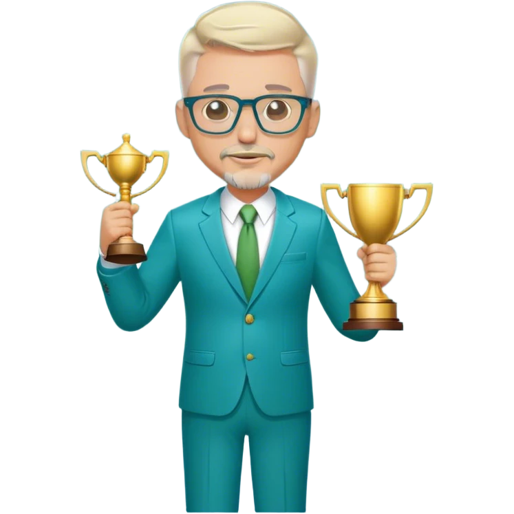 Full Body large white male  wearing glasses with a goatee with light blonde gray very short hair basketball head Coach in blue and green suit holding trophy emoji