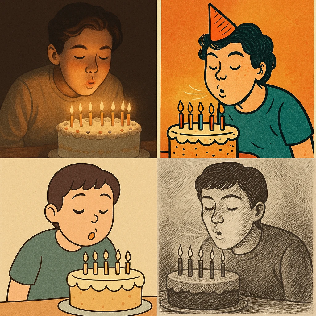 a person blowing out candles on a birthday cake, various styles emoji
