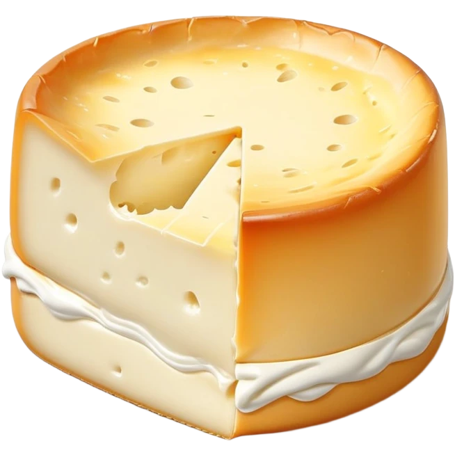 cinematic-realistic-brie-cheese-emoji,-featuring-a-creamy gooey center,-soft-ripened-cheese-with-a-delicate white rind-rendered-with-lifelike-detail-and-inviting,-natural-lightingwith a slide showing the gooey center emoji