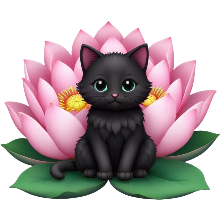A cute  little  black cat and lotus emoji