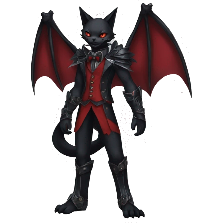 cool anthro edgy black red ethereal fantasy nargacuga-bat-cat-Fakemon collar harness bow tie and bracers full body emoji