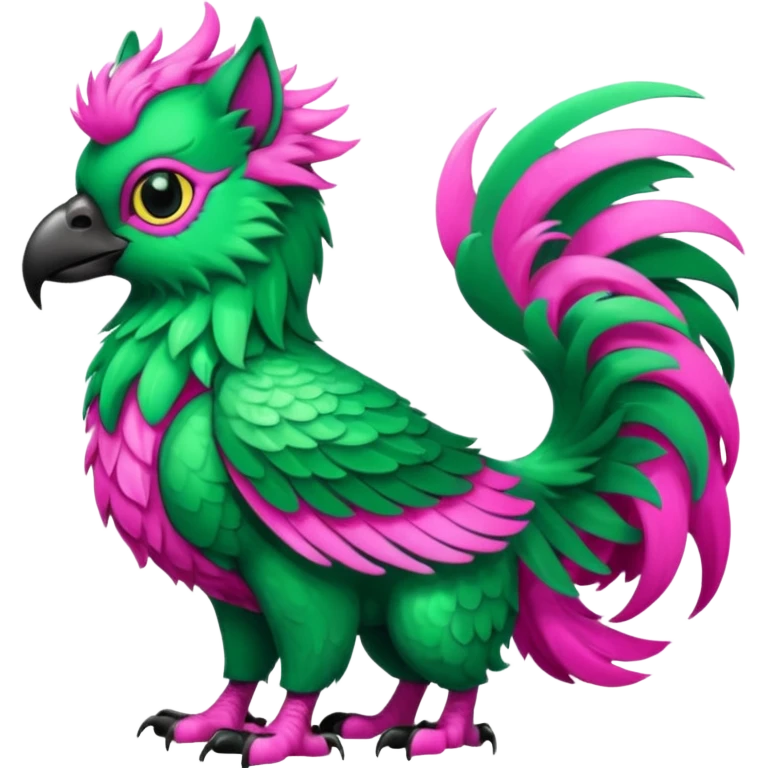 Emerald-green gryphon with a long tufted tail, black beak, pink swirly pattern markings, black claws, black tail, majestic, realistic, furry (full body) emoji