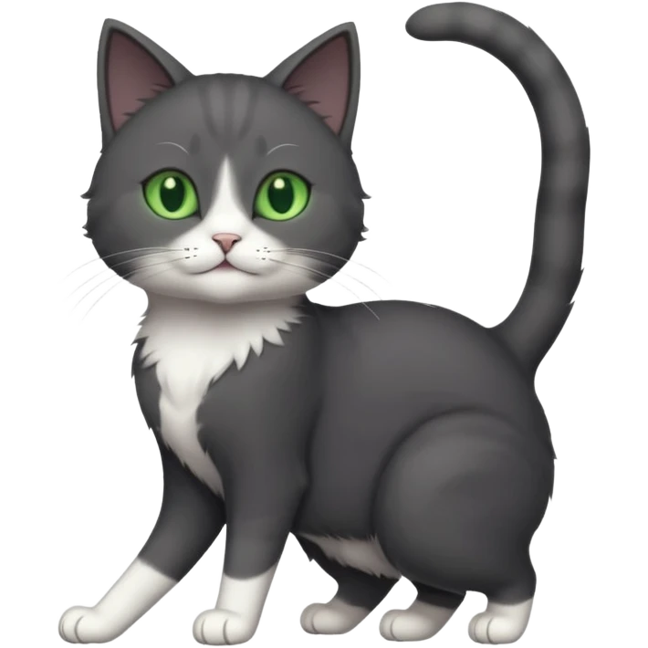 full body gorgeous solid dark grey cat with green eyes, white paws and white whiskers stretching like a cat emoji