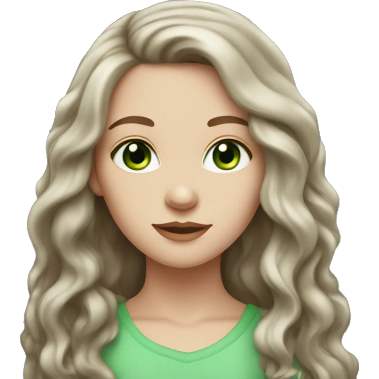 White girl with bright green eyes and long dark brown wavy hair emoji
