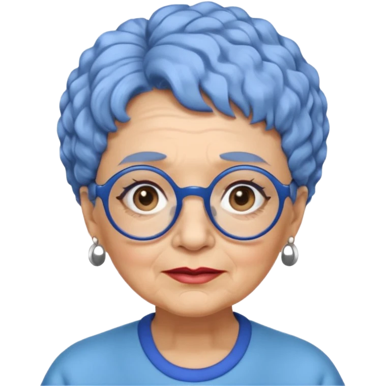 old laydy with short, curly blue hair, matching blue eyebrows, light brown skin, round black glasses, and a neutral facial expression. emoji