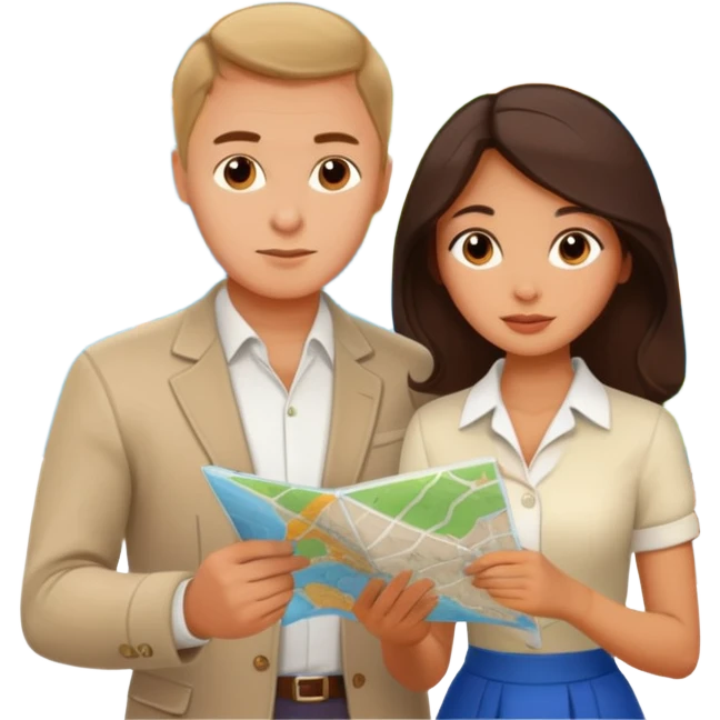 Russian man and elegant Latina girl in cute outfits with a map planning plants emoji
