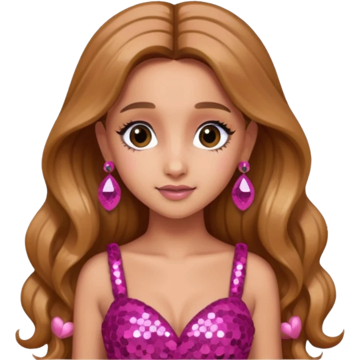 Ariana Grande with long golden brown hair, dark pink sequin dress, pink earrings emoji