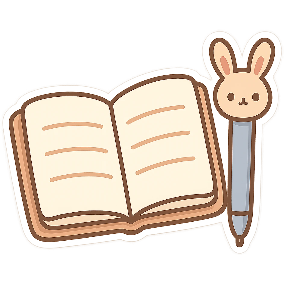 open notebook with a simple pen next to it, the pen has ears sticking out from its body, chibi stickers style, cartoonish emoji