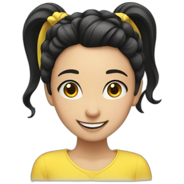 A smiling girl with a black ponytail and a yellow hairpin emoji