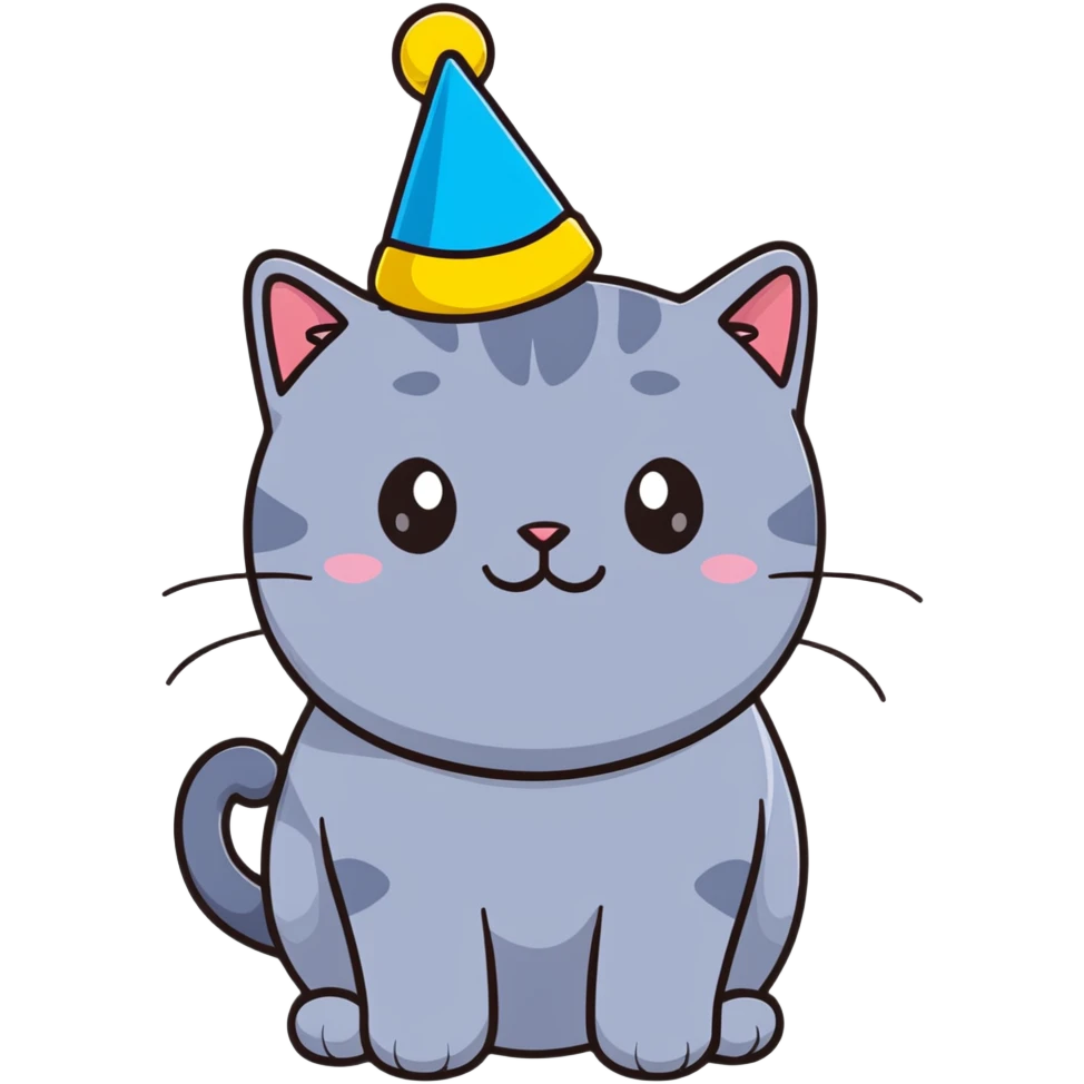 British shorthair blue cat with round face and chubby cheeks wearing a colorful birthday hat emoji
